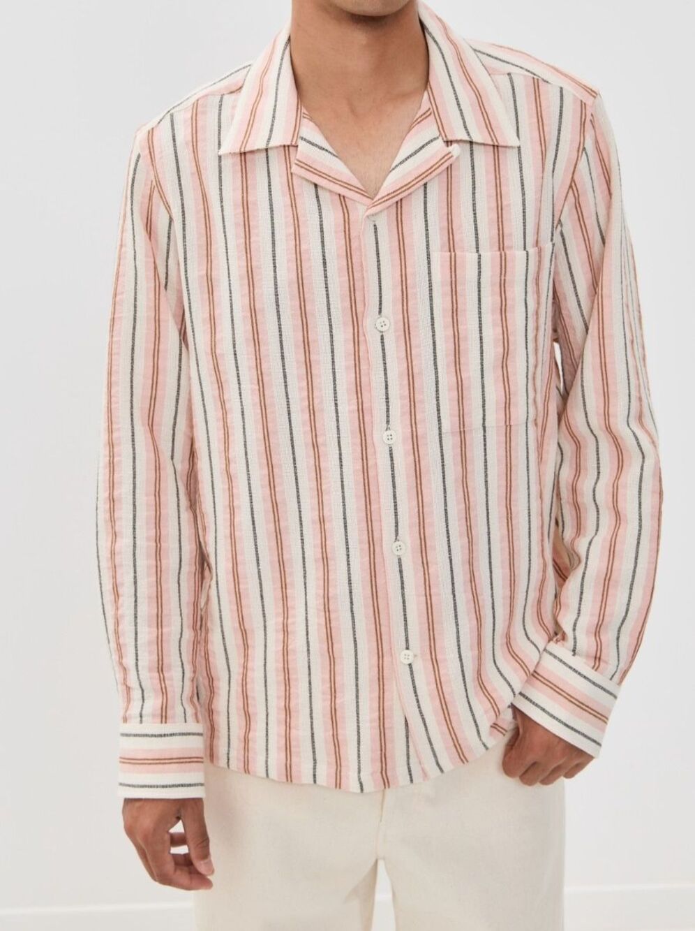 NN07 Button Shirt Mens Medium Cream Pink Stripe Relaxed Linen Blend JULIO $305